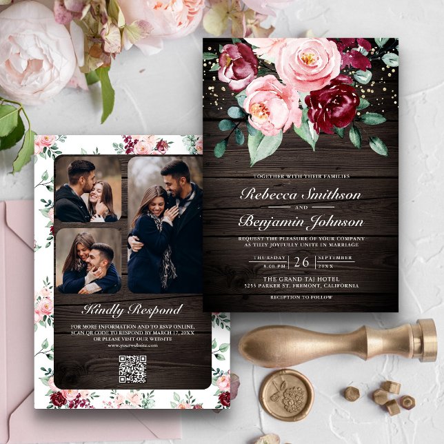 Convites Blush Pink Burgundy Floral Código QR Casamento de  (Criador carregado)