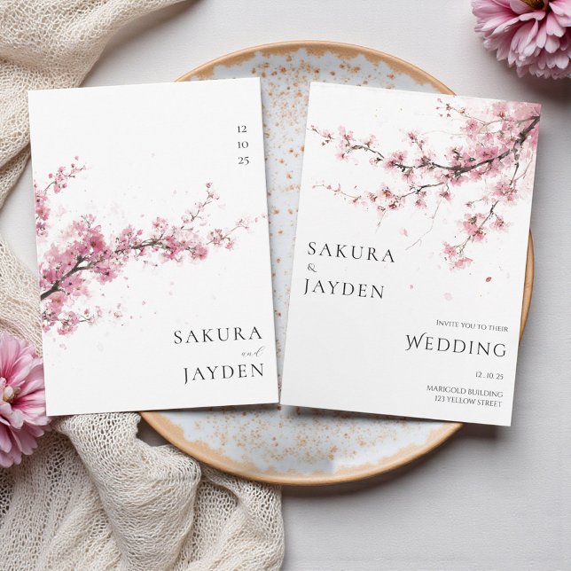 Convites Blush Pink Cherry Blossom Flower Japanese Wedding  (Blush Pink Cherry Blossom Flower Japanese Wedding Invitation)