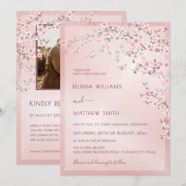 Convites Blush Pink Cherry Blossom Photo Wedding (Frente/Verso)