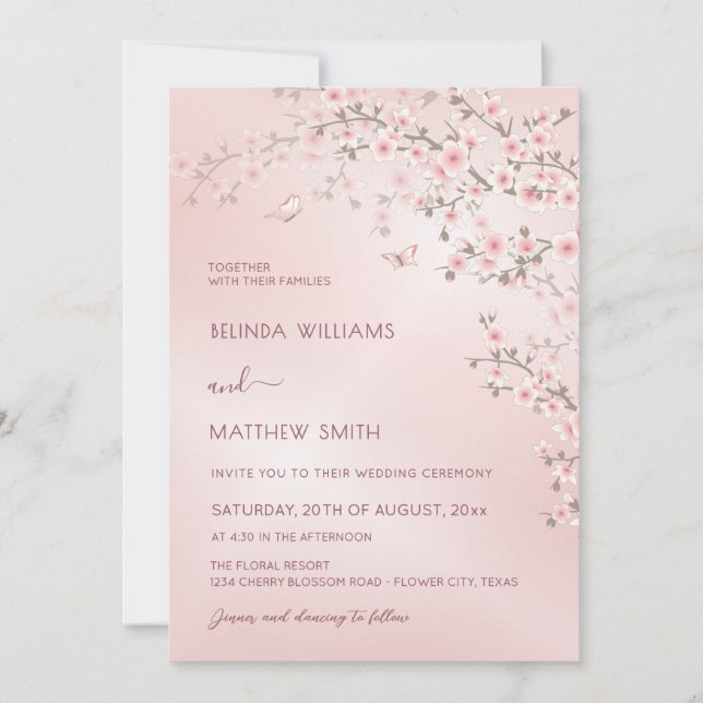 Convites Blush Pink Cherry Blossom Photo Wedding (Frente)