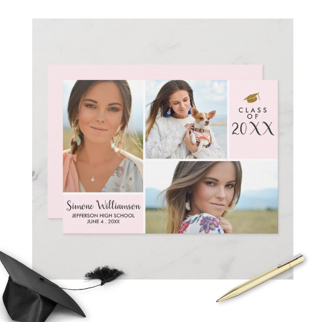 Convites Blush Pink Class of 20XX Graduation Photo Collage (Criador carregado)