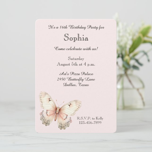 Convites Blush Pink Cream Butterfly Birthday  (Em pé/Frente)