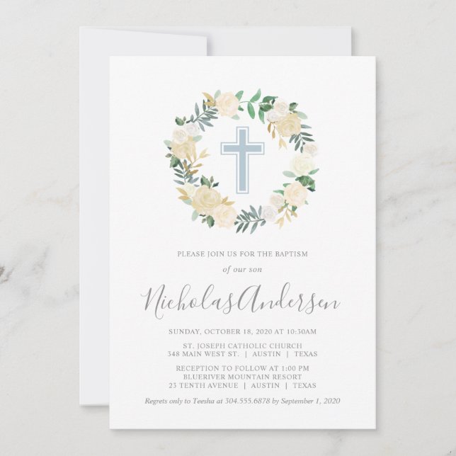 Convites Blush Pink Cross com Cream Florals, Boy Baptism (Frente)