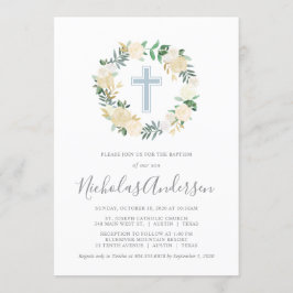Convites Blush Pink Cross com Cream Florals, Boy Baptism