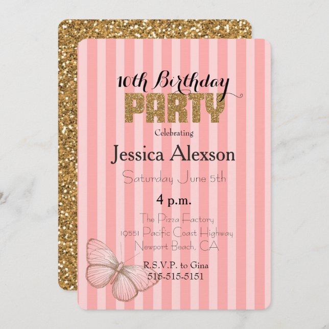 Convites Blush Pink Dourado Confetti Glitter 16º Aniversári (Frente/Verso)