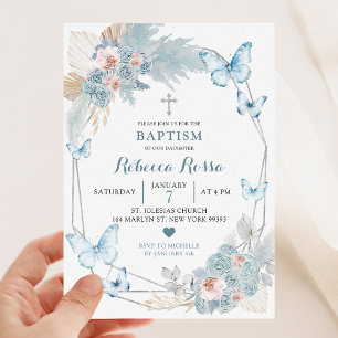 Convites Blush Pink e Boho Blue Butterfly Girl Baptism
