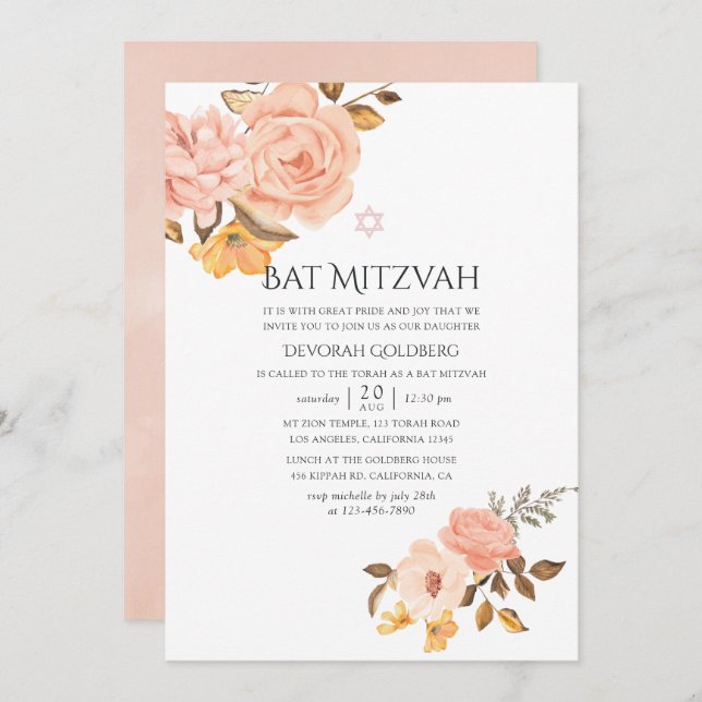 Convites Blush Pink e Dourado Bat Floral Mitzvah (Frente/Verso)