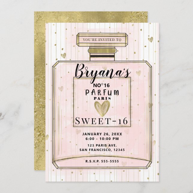 Convites Blush Pink e Dourado Paris Parfum Sweet 16 Anivers (Frente/Verso)