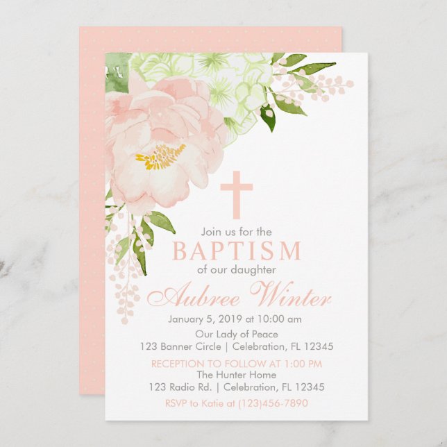 Convites Blush Pink e Mint Primavera Floral Girl Baptism (Frente/Verso)