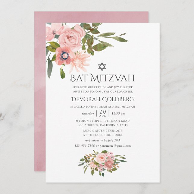 Convites Blush Pink e Rosa Dourado Bat Floral Mitzvah (Frente/Verso)