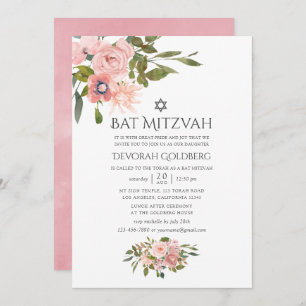 Convites Blush Pink e Rosa Dourado Bat Floral Mitzvah