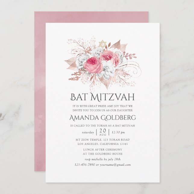 Convites Blush Pink e Rosa Dourado Bat Floral Mitzvah (Frente/Verso)