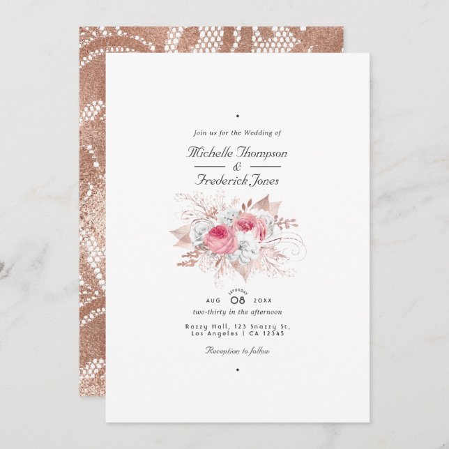 Convites Blush Pink e Rosa Dourado Floral e Casamento de re (Frente/Verso)