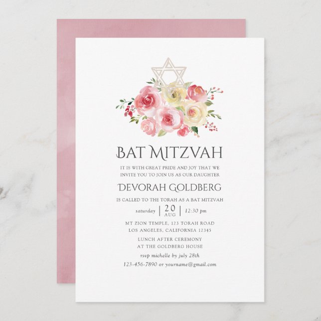 Convites Blush Pink e Yellow Floral Bat Mitzvah (Frente/Verso)