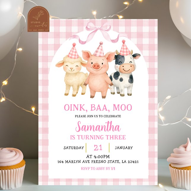 Convites Blush Pink Farm Party Gingham Birthday (Criador carregado)