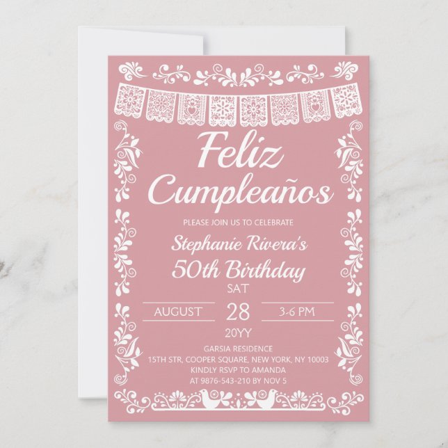 Convites Blush Pink Feliz Cumpleaños 50º Aniversário (Frente)