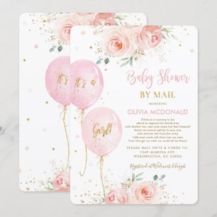Convites Blush Pink Floral Balloons Gold Baby Shower by Mai