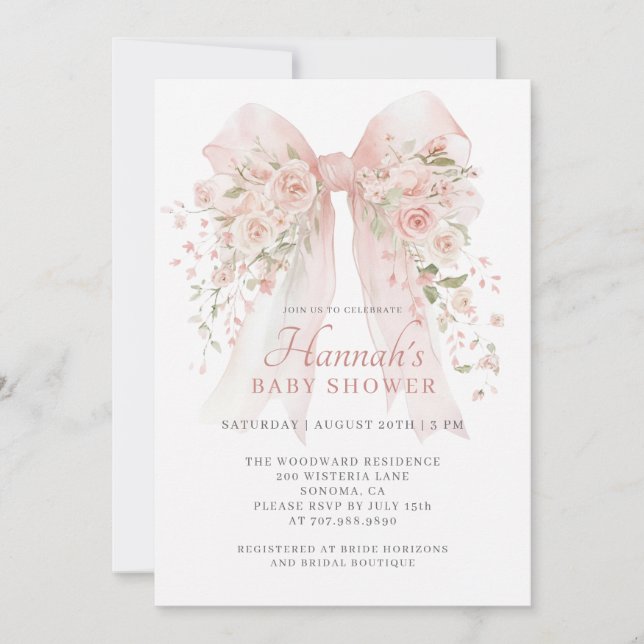 Convites Blush Pink Floral Bow Girl Baby Shower (Frente)