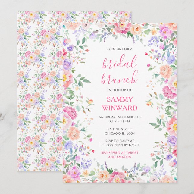 Convites Blush Pink Floral Bridal Brunch Wildflower (Frente/Verso)