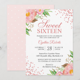 Convites Blush Pink Floral Confetti Sweet 16 Festa de anive
