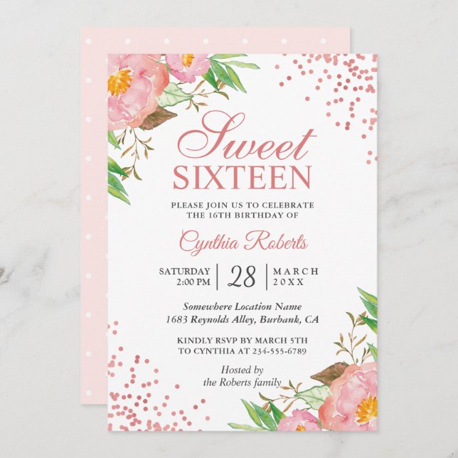 Convites Blush Pink Floral Confetti Sweet 16 Festa de anive (Frente/Verso)