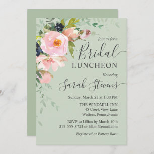 Convites Blush Pink Floral em Sage Green Bridal Luncheon
