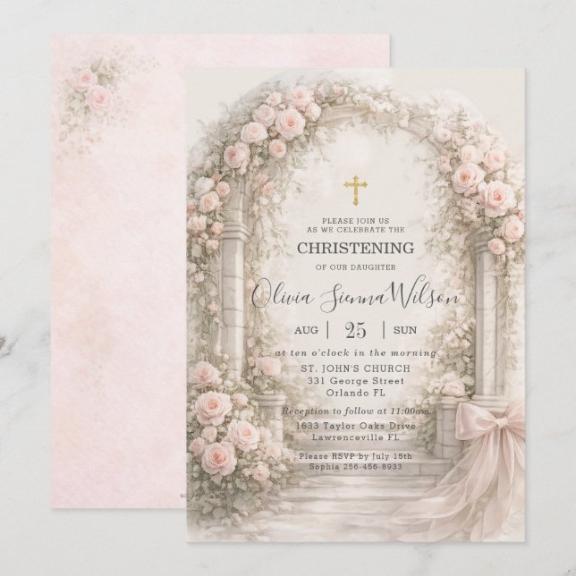 Convites Blush Pink Floral Garden Bow Baptism Christening (Frente/Verso)