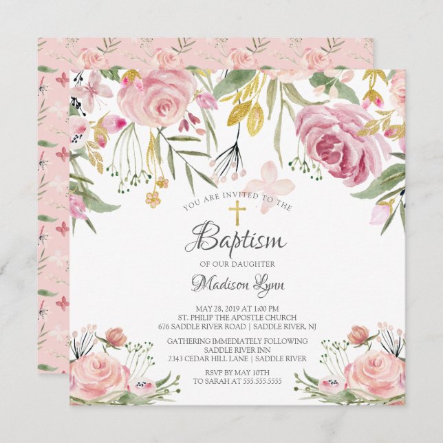Convites Blush Pink Floral Girl Baptism (Frente/Verso)