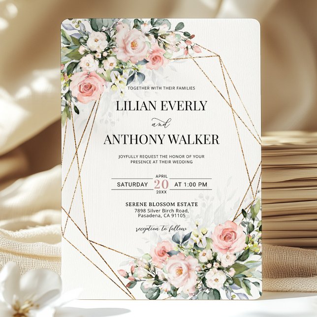 Convites Blush Pink Floral Gold Geometric Estate Wedding  (Criador carregado)