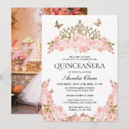 Convites Blush Pink Floral Gold Tiara Photo Quinceanera