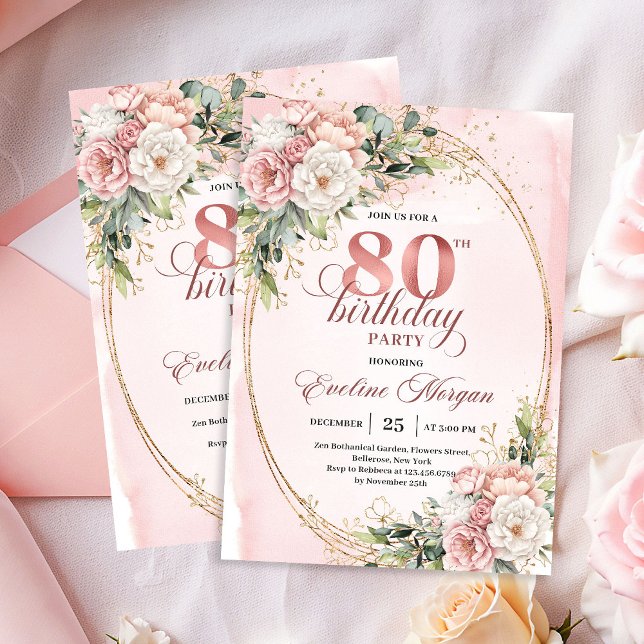 Convites Blush Pink Floral Greenery Gold Glitter 80th Bday (Blush Pink Floral Greenery Gold Glitter 80th Invitation)