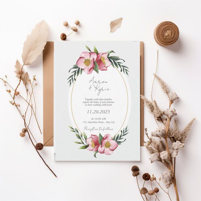 Convites Blush Pink Floral Oval Wedding Invitation (Criador carregado)