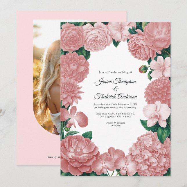 Convites Blush Pink Floral Photo and QR Code Wedding (Frente/Verso)
