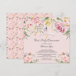 Convites Blush Pink Floral Primeira Comunhão Santa