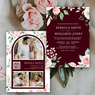 Convites Blush Pink Floral QR Code Burgundy Wedding