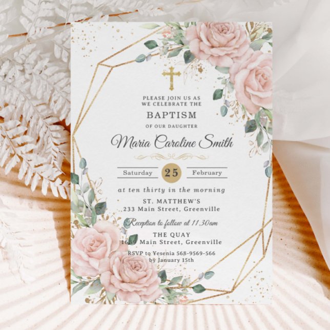 Convites Blush Pink Floral Roses Gold Cross Baptism  (Criador carregado)