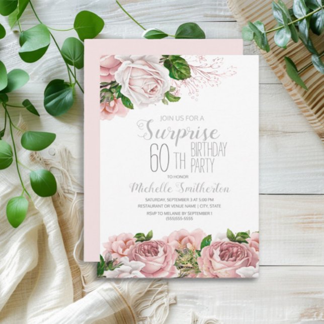 Convites Blush Pink Floral Surpresa 60º Aniversário (Blush pink vintage floral surpirse 60th birthday party invitation
)