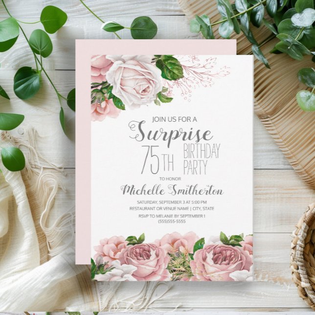 Convites Blush Pink Floral Surpresa 75º Aniversário Mulhere (Elegant pink vintage roses 75th birthday party invitation)