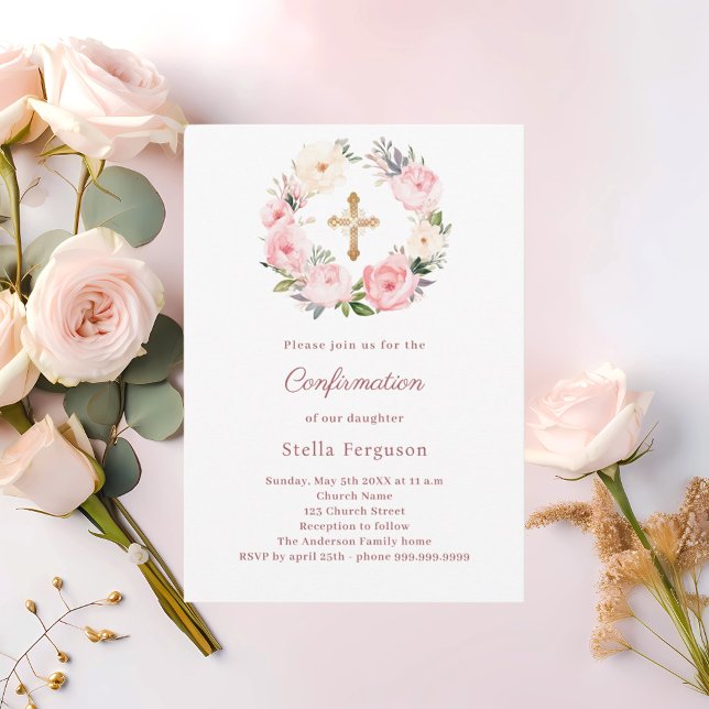 Convites Blush pink florals cross Confirmation (Criador carregado)