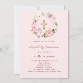 Convites Blush pink florals cross First Communion