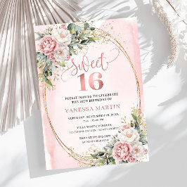Convites Blush Pink Flowers with Greenery Sweet Sixteen 