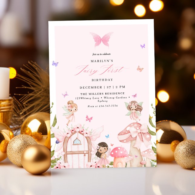 Convites Blush Pink Forest Butterflies Fairy First Birthday (Criador carregado)