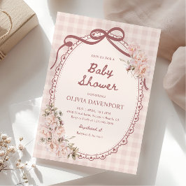 Convites Blush Pink Gingham Floral Vintage Girl Baby Shower