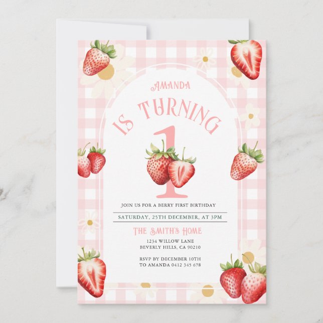 Convites Blush Pink Gingham Strawberry Daisy Birthday (Frente)