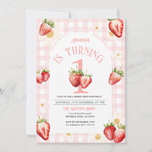 Convites Blush Pink Gingham Strawberry Daisy Birthday