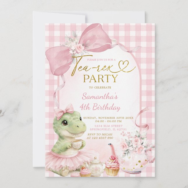 Convites Blush Pink Gingham Tea-Rex Party Bow Dino Birthday (Frente)