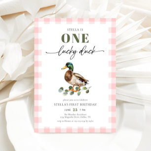 Convites Blush Pink Gingham Um primeiro aniversario De Pato