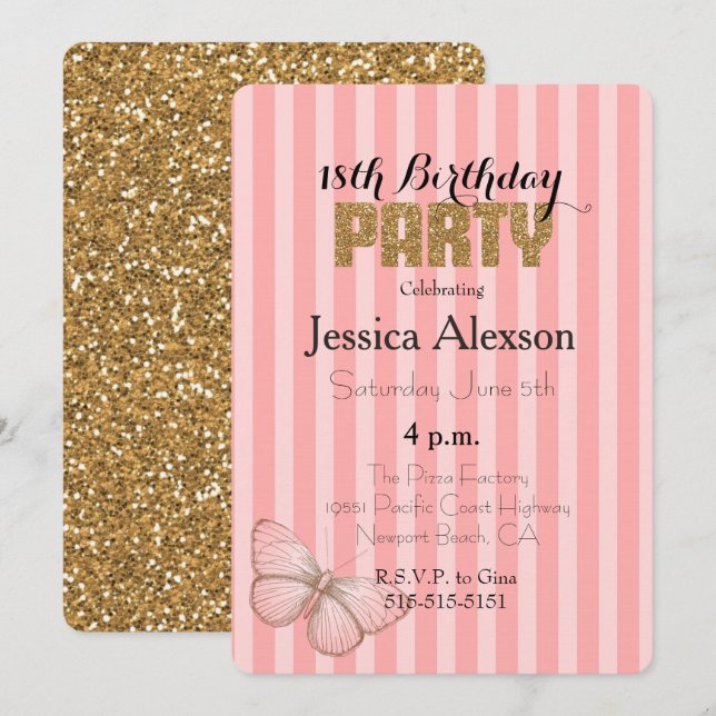 Convites Blush Pink Gold Confetti Glitter 18th Birthday (Frente/Verso)
