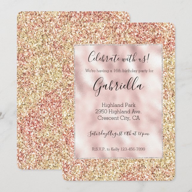 Convites Blush Pink Gold Glitter Ombre (Frente/Verso)