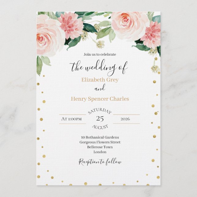 Convites Blush pink gold peony elegant floral wedding  (Frente)